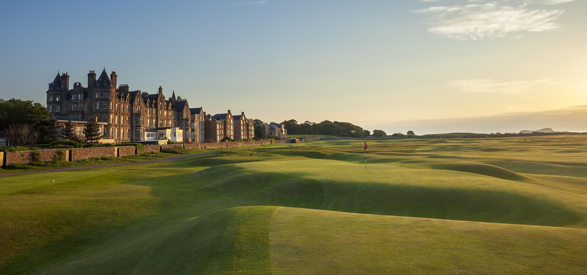 Naturally undulating fairways in immacualte condition in the setting sun at North Berwick Golf Club, Scotland