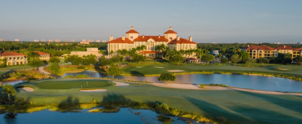 Sunset lighting on the grand hotel at Ritz-Carlton Golf Resort Naples