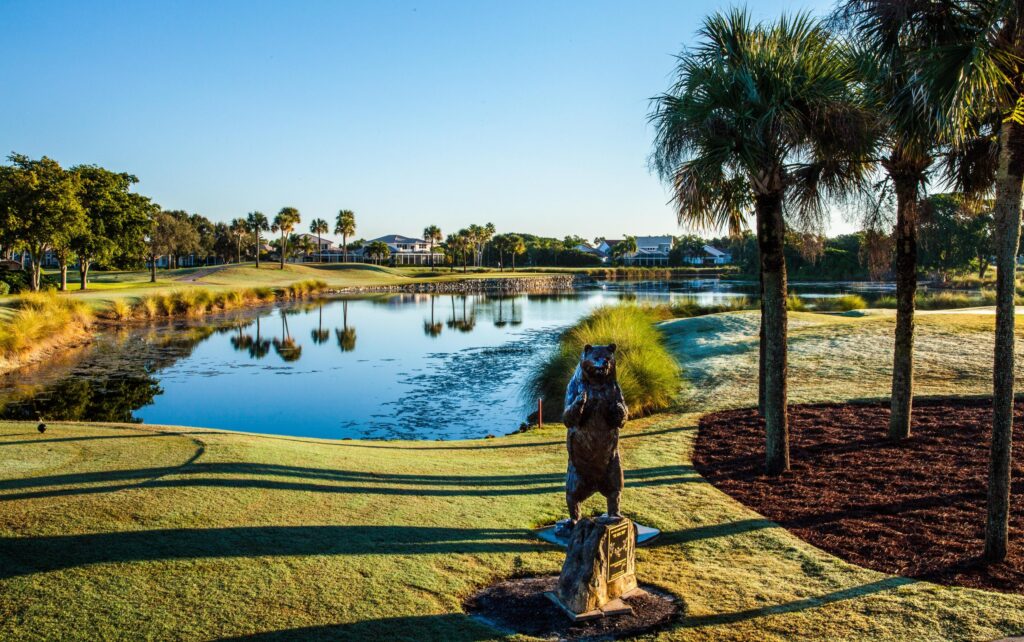 Bronze bear statue signifying the beginning of the bear trap at PGA National, Florida