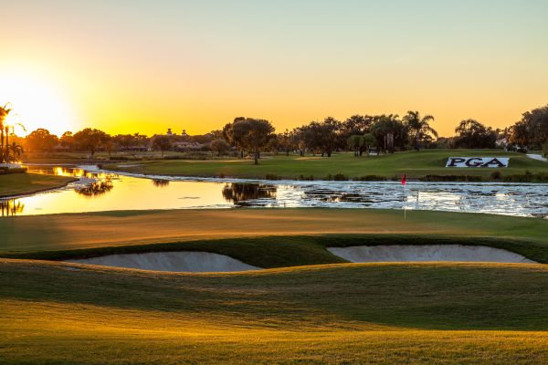 Sunset over the lakes, fairways and bunkers at PGA National Resort, Florida