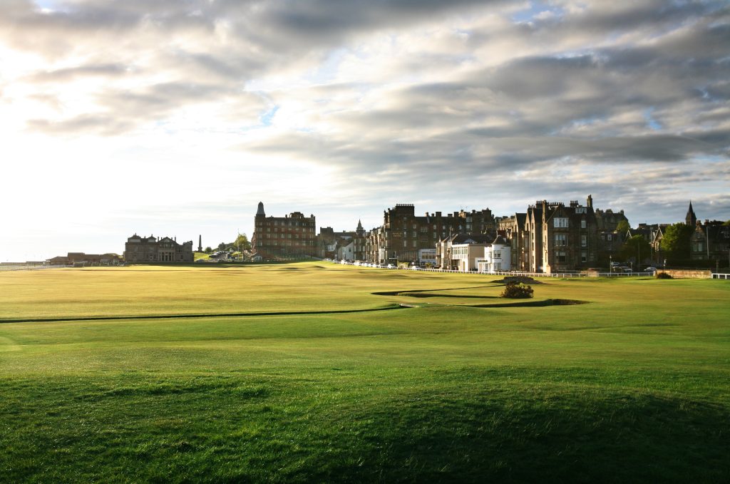 The Old Course at St Andrews in the bright evening sunlight