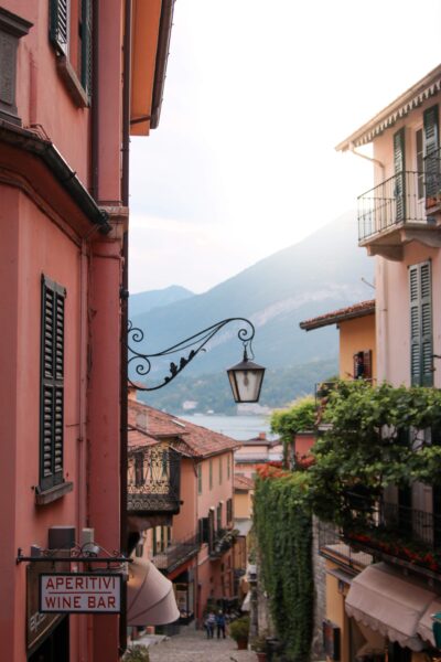 Narrow streets and terracotta buildings of Bellagio, Lake Como, Italy