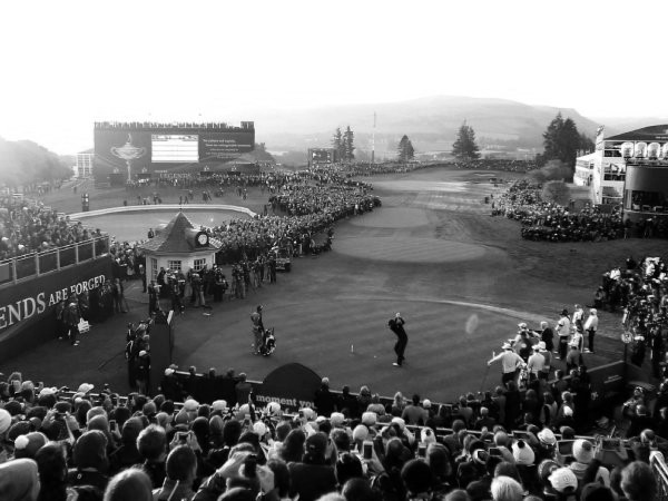 First tee at the Ryder Cup in black and white