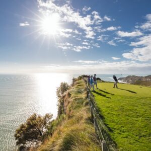 Cliffside tee box at Cape Kidnappers Golf Course in New Zealand